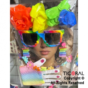 SET DISFRAZ VINCHA FLORES ANTEOJOS COLLAR ARITOS Y GUANTES RAINBOW MULTICOLOR x 1